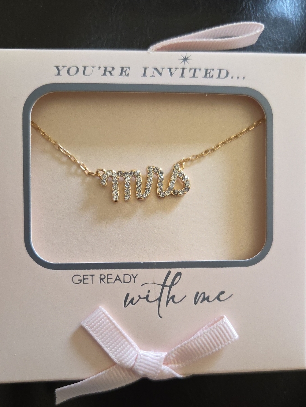 You're Invited MRS Gold Crystal Script Necklace NIB, Bridal Jewelry